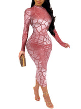 New 2026 Women's Sheer Mesh Bodycon Midi Dress - Printed Long Sleeve Party Dress