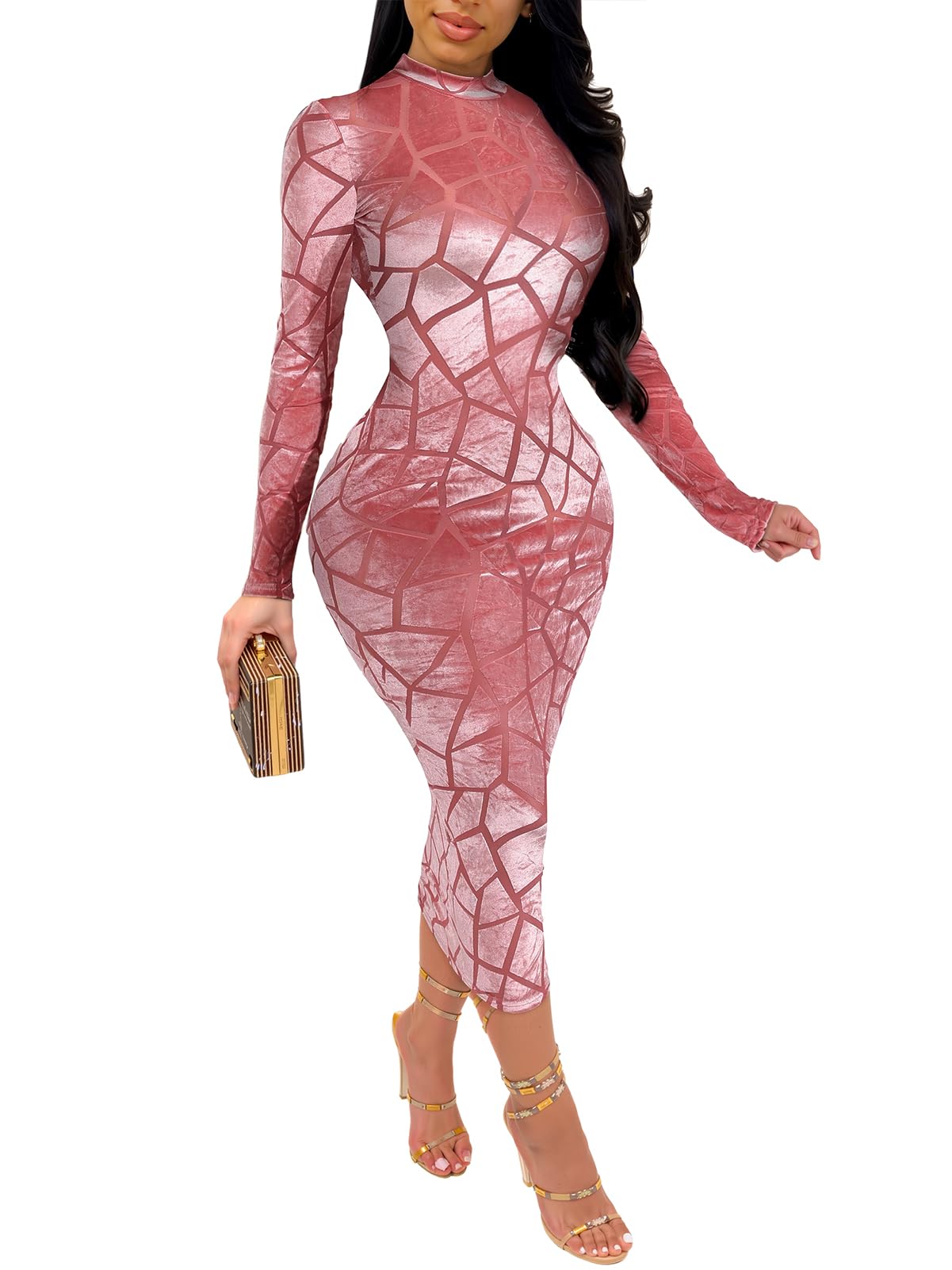 New 2026 Women's Sheer Mesh Bodycon Midi Dress - Printed Long Sleeve Party Dress