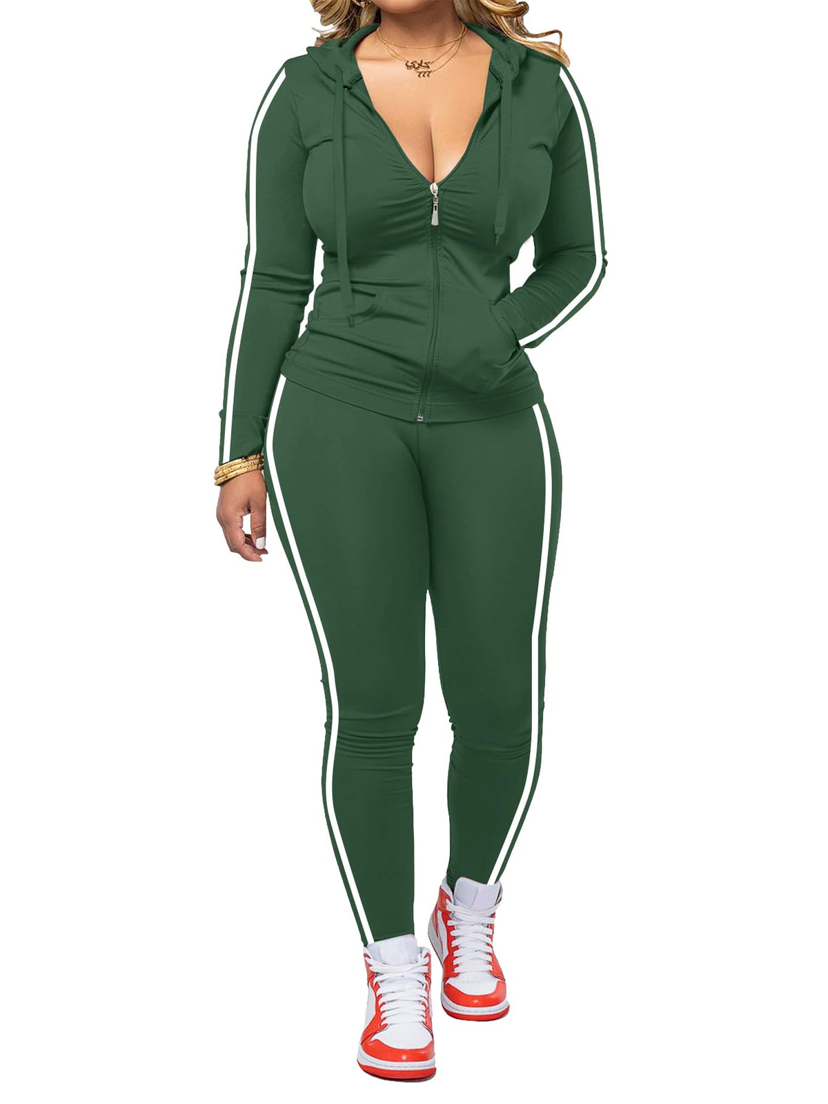 Women's Striped Zip-Up Hoodie and Jogger Pants Set