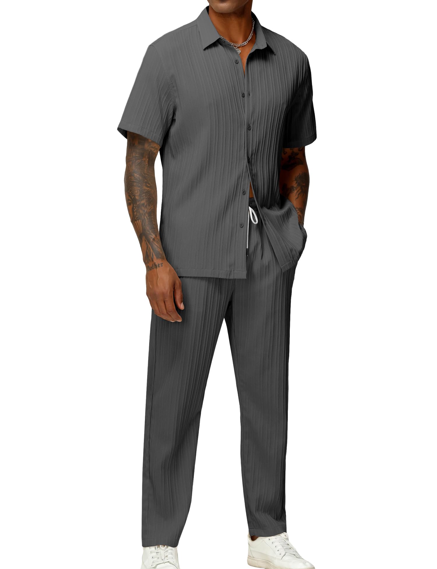 LecGee Men's 2 Piece Vertical Striped Textured Outfits Summer Casual Button Down Shirts And Pants Matching Sets