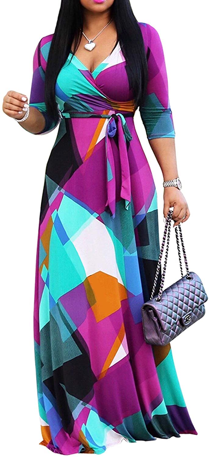 FANDEE Plus Size Maxi Dress for Women – Boho Floral V-Neck 3/4 Sleeve Summer Sundress