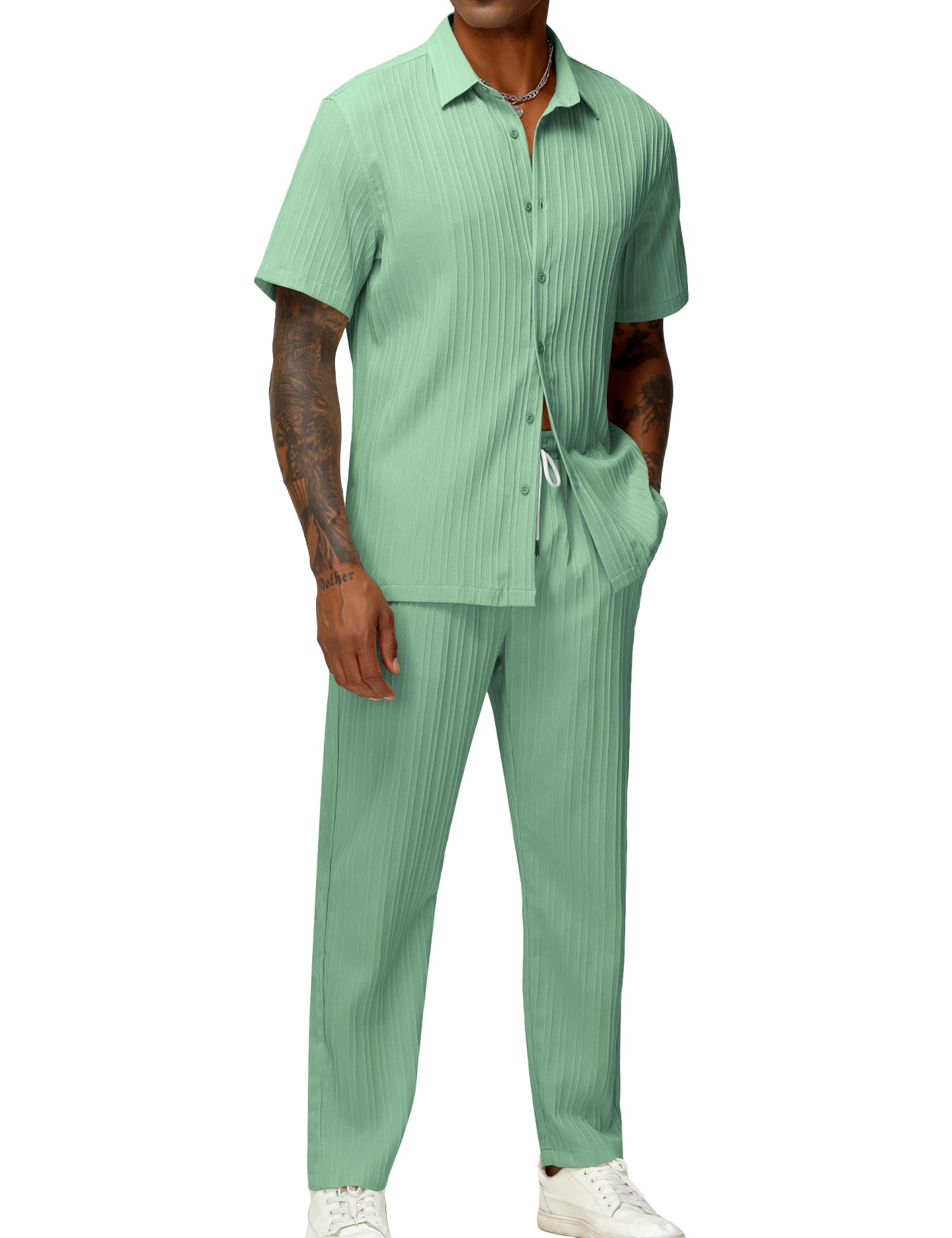 LecGee Men's 2 Piece Vertical Striped Textured Outfits Summer Casual Button Down Shirts And Pants Matching Sets