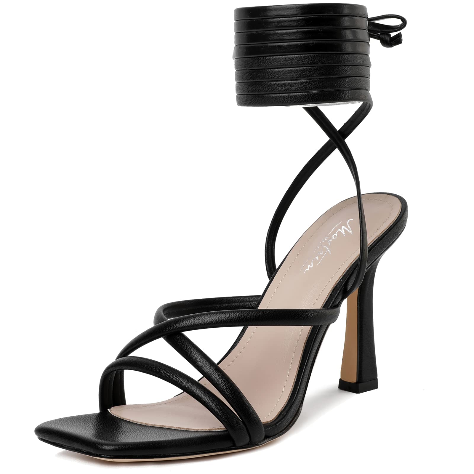 Mostrin Women's Strappy Lace-Up Stiletto Heels – Square Open Toe High Heel Sandals