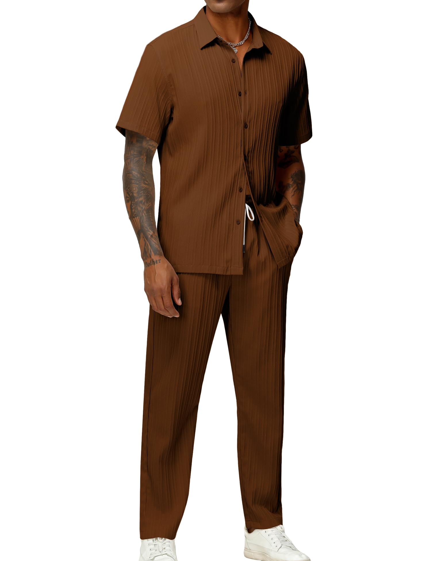 LecGee Men's 2 Piece Vertical Striped Textured Outfits Summer Casual Button Down Shirts And Pants Matching Sets