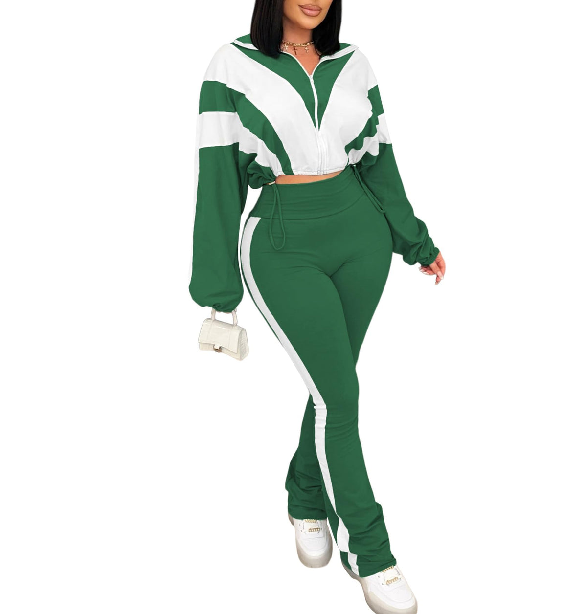 Women's 2 Piece Color Block Zip Jacket and Flare Pants Set