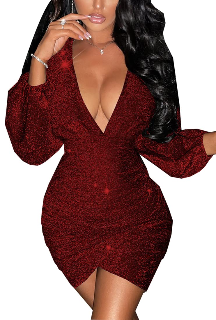 New 2026 Women's Sparkly Sequin Bodycon Dress - Deep V Neck Long Sleeve Party Dress