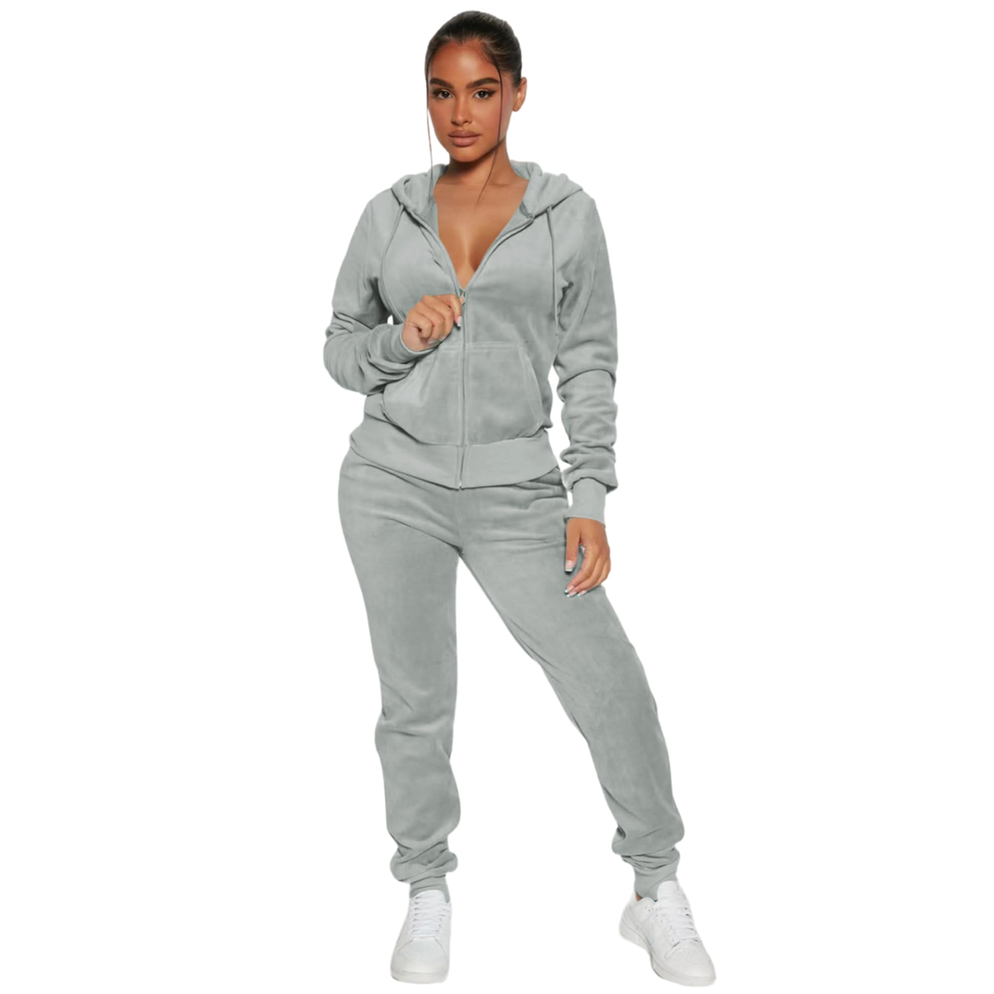 Women's 2-Piece Velour Tracksuit – Hooded Zip Crop Top & Jogger Pants