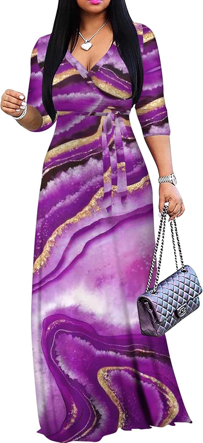 FANDEE Plus Size Maxi Dress for Women – Boho Floral V-Neck 3/4 Sleeve Summer Sundress