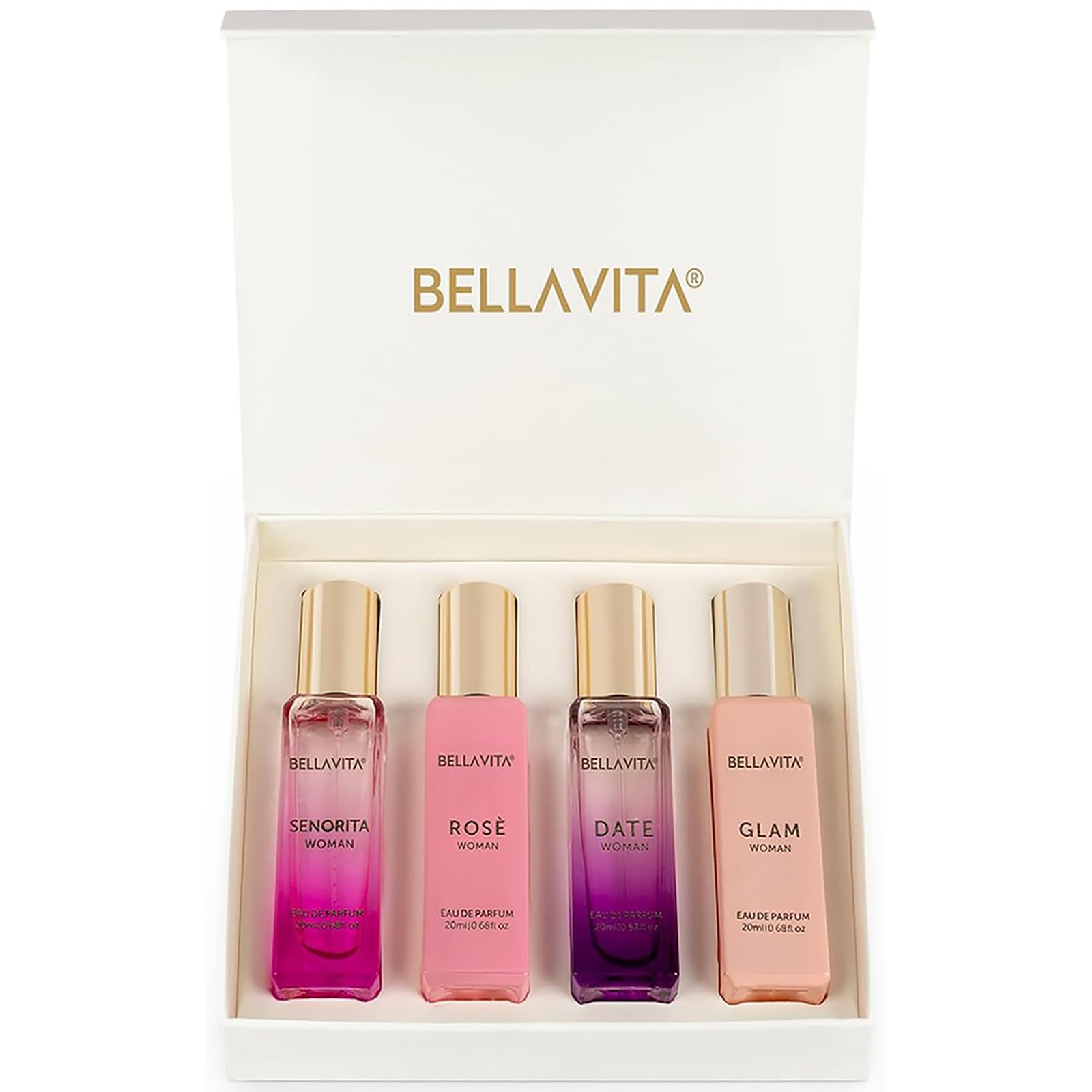 BellaVita Luxury Women's Perfume Gift Set – Date, Senorita, Glam & Rose (4x20ml)
