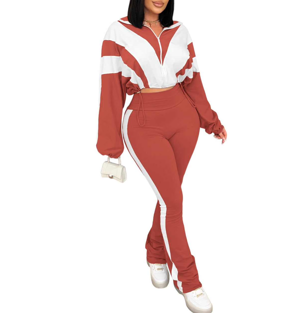 Women's 2 Piece Color Block Zip Jacket and Flare Pants Set