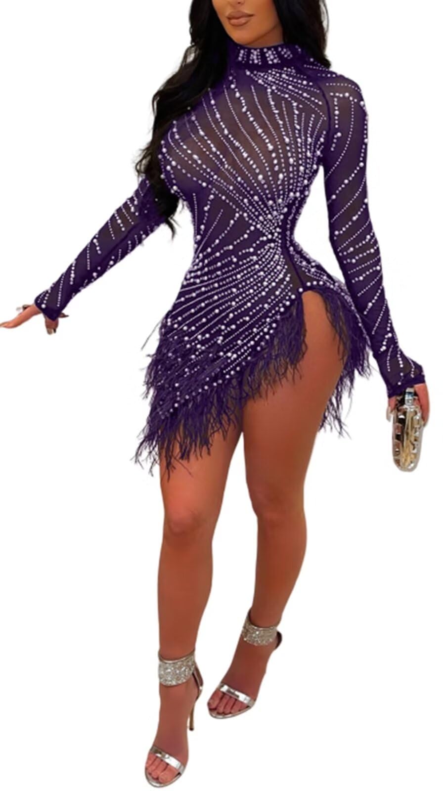 Rhinestone Feather Bodycon Mini Dress - Mesh Sheer Long Sleeve Party Dress