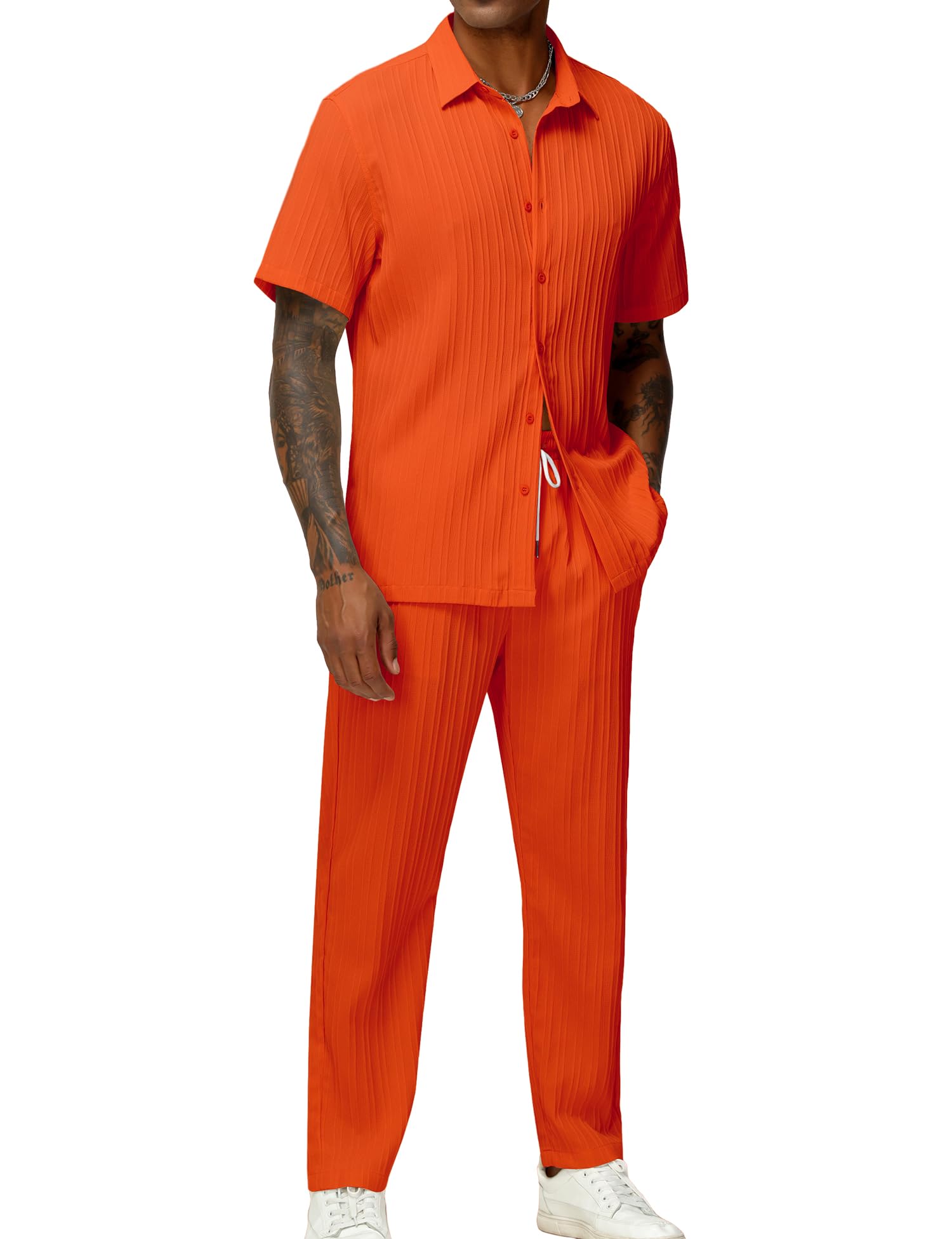 LecGee Men's 2 Piece Vertical Striped Textured Outfits Summer Casual Button Down Shirts And Pants Matching Sets