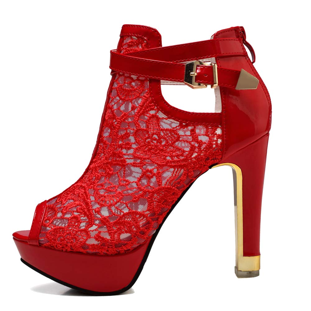 Women's Lace Flower Open Toe High Heel Ankle Boots with Buckle