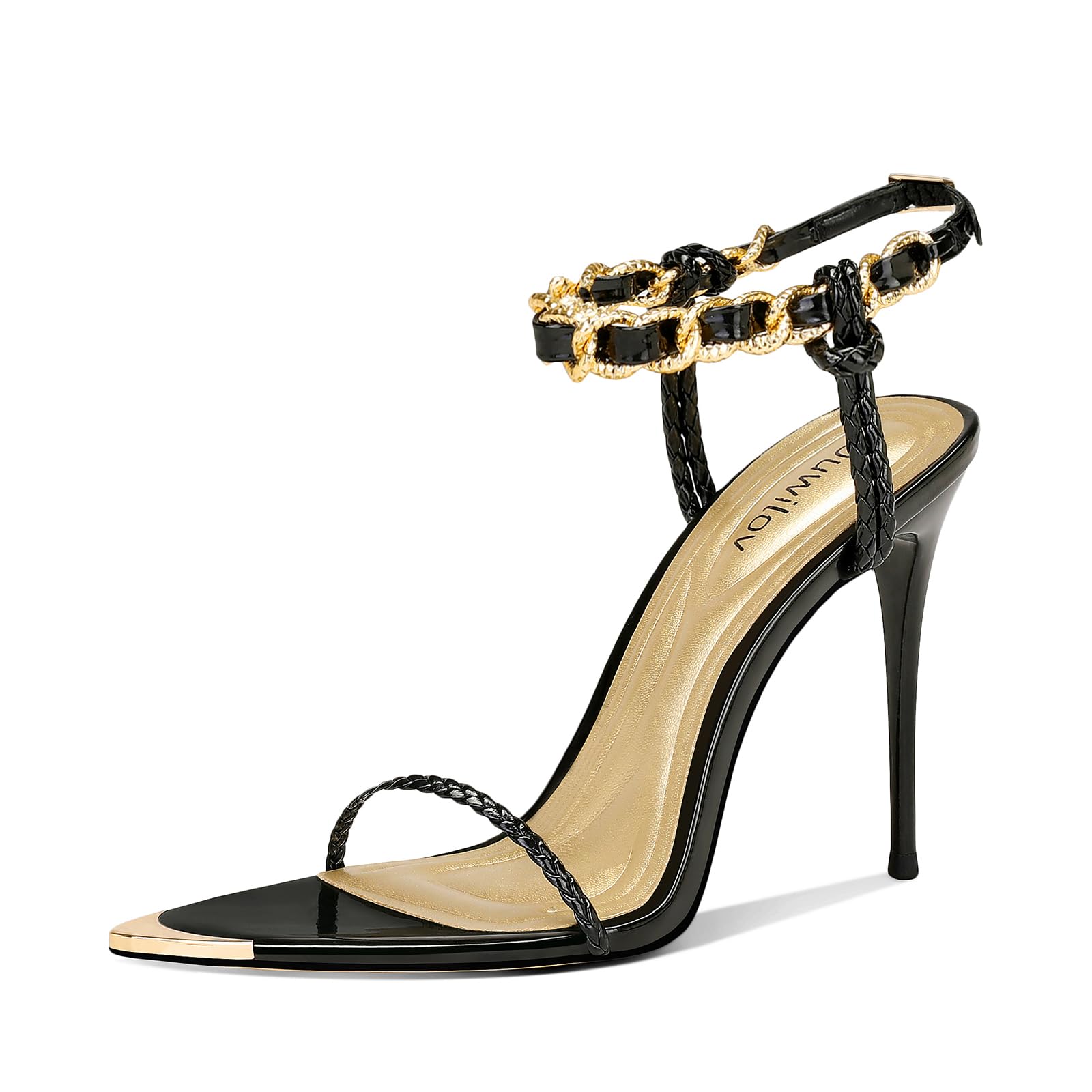 Ouwilov Women's Strappy Stiletto Heels – Metallic Ankle Strap Open Toe Sandals