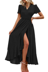 Women's Boho Floral Maxi Dress – Short Sleeve Wrap V-Neck Long Beach Dress