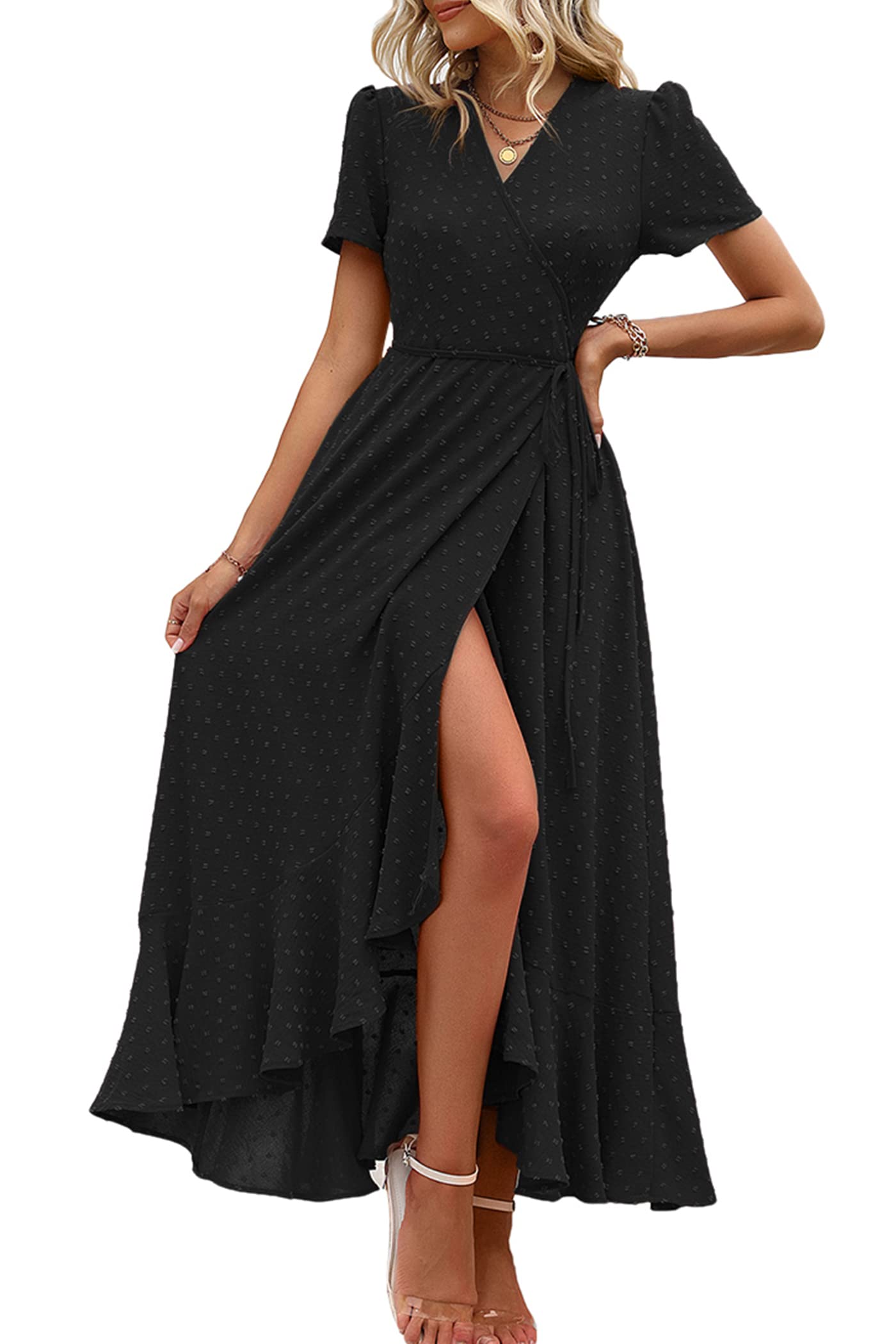 Women's Boho Floral Maxi Dress – Short Sleeve Wrap V-Neck Long Beach Dress