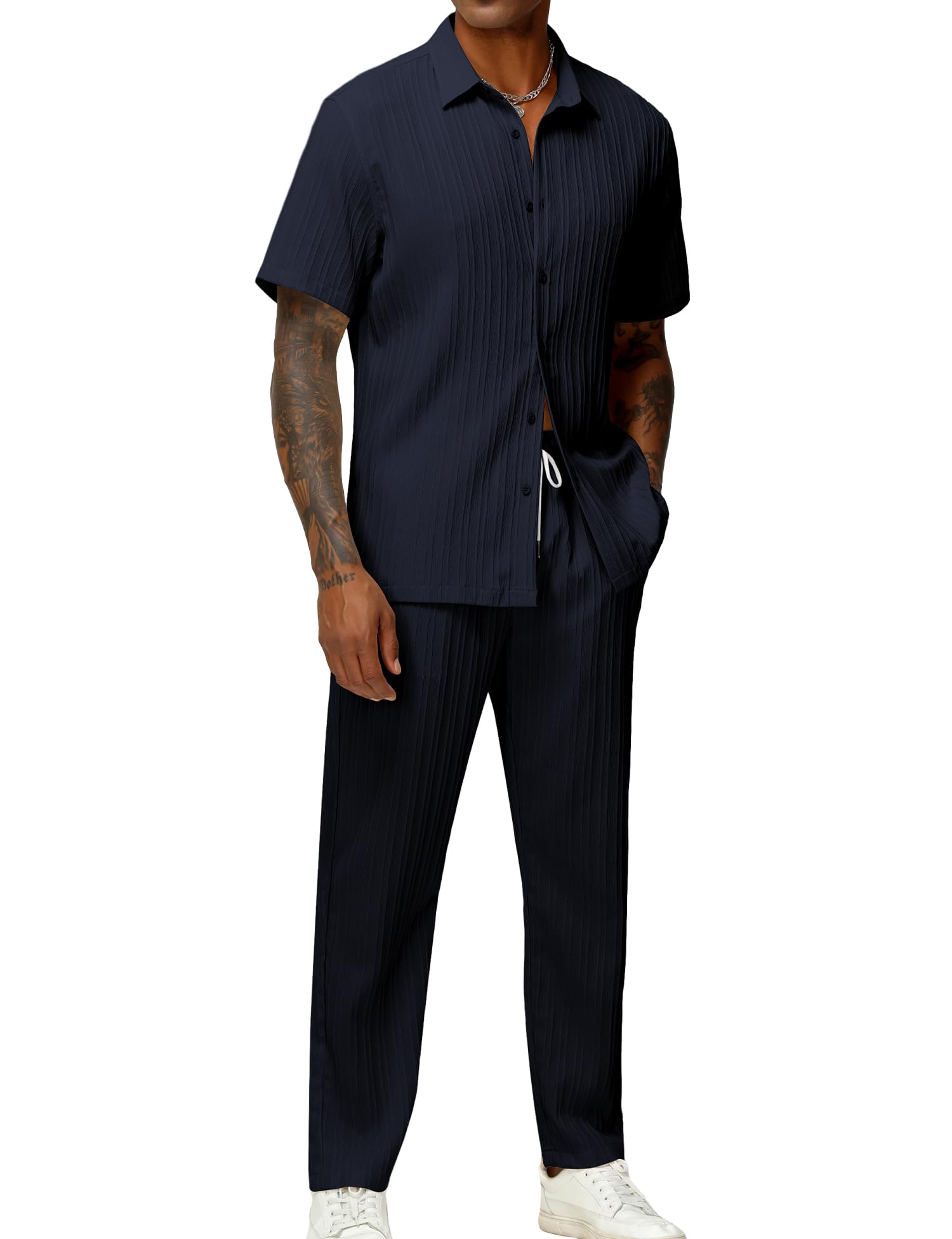LecGee Men's 2 Piece Vertical Striped Textured Outfits Summer Casual Button Down Shirts And Pants Matching Sets