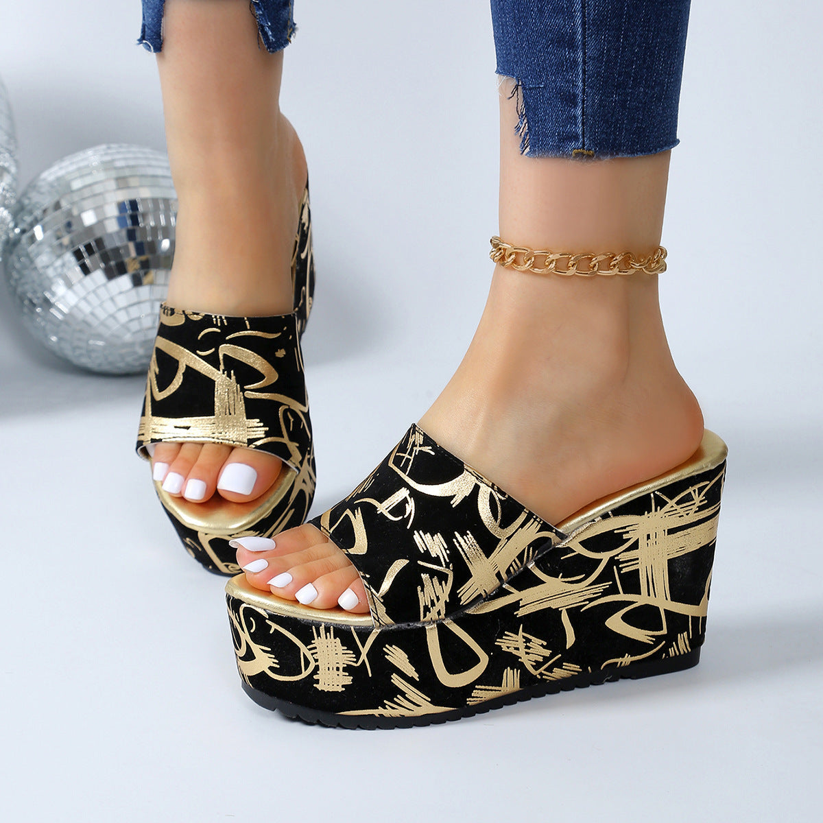 Round Toe Wedge Printed Slippers - Dazzling Beauty Solution