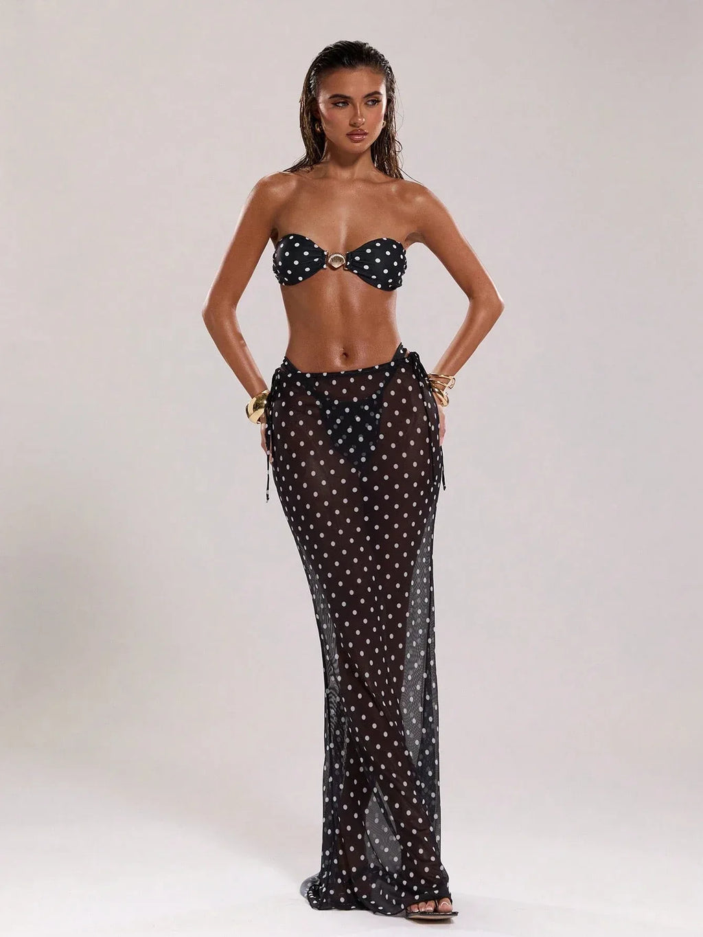 BAE Women’s New Arrival Black & White Polka Dot Low Waist Drawstring Resort Swimwear - Dazzling Beauty Solution