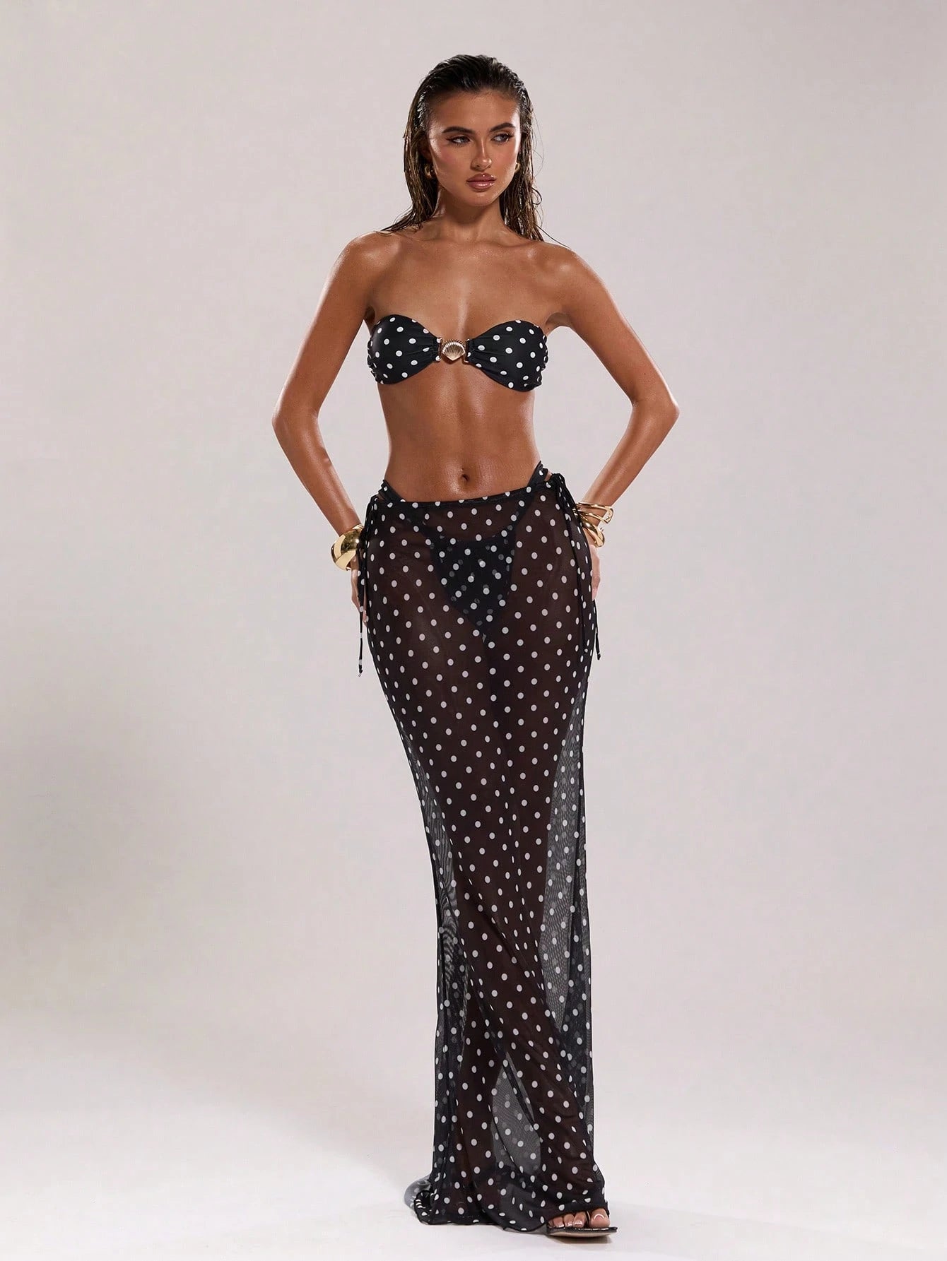 BAE Women'S New Arrival Black & White Polka Dot Low Waist Drawstring Resort Swimwear, Elegant & Sexy Cover Up, the Seduction of Dark Romance