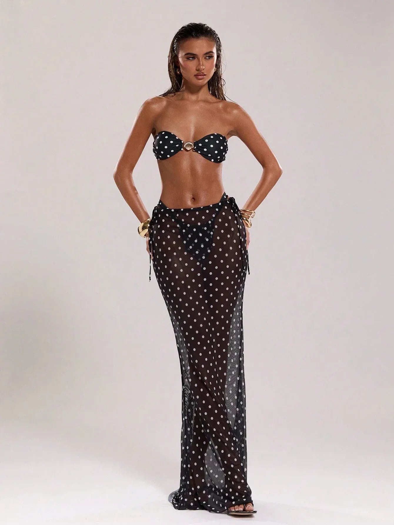 BAE Women’s New Arrival Black & White Polka Dot Low Waist Drawstring Resort Swimwear - Dazzling Beauty Solution