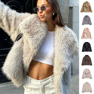 Winter Plush Coat Fashion Warm Thicken Fluffy Lapel Jacket Outwear Casual Long Sleeve Tops Womens Clothing - Dazzling Beauty Solution