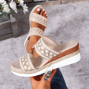 Fashion Wavy Pattern Woven Sandals Summer Casual Ethnic Style Slippers Linen Bottom Wide Strap Wedges Shoes For Women - Dazzling Beauty Solution
