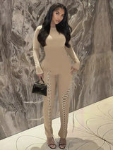 Sexy Fall Jumpsuits Women Diy Shirring O-Neck Full Sleeve Midnight Party Club Stretch Activity Fitness Slim Overalls