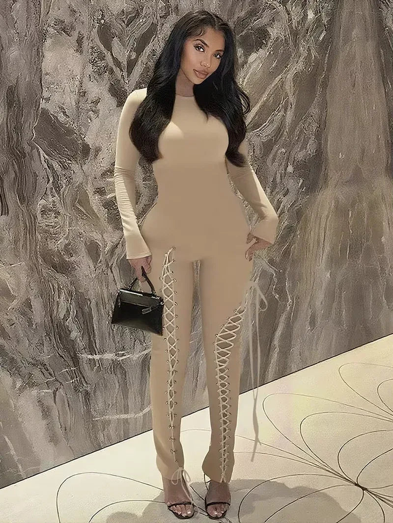 Sexy Fall Jumpsuits Women Diy Shirring O-Neck Full Sleeve Midnight Party Club Stretch Activity Fitness Slim Overalls - Dazzling Beauty Solution