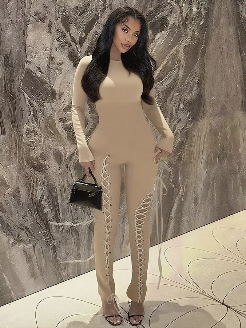 Sexy Fall Jumpsuits Women Diy Shirring O-Neck Full Sleeve Midnight Party Club Stretch Activity Fitness Slim Overalls