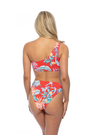 RED TROPICAL RING ACCENT ONE SHOULDER BIKINI SET