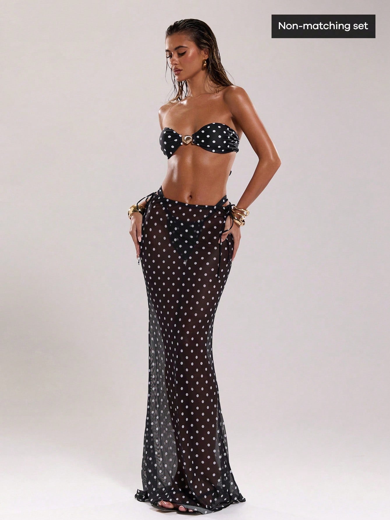 BAE Women'S New Arrival Black & White Polka Dot Low Waist Drawstring Resort Swimwear, Elegant & Sexy Cover Up, the Seduction of Dark Romance