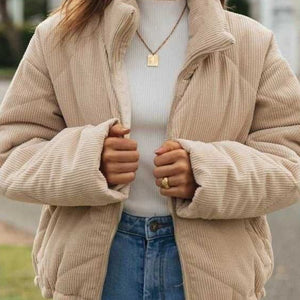 Women's Wadded Stand Collar Long Sleeve Corduroy Zipper Jacket - Dazzling Beauty Solution