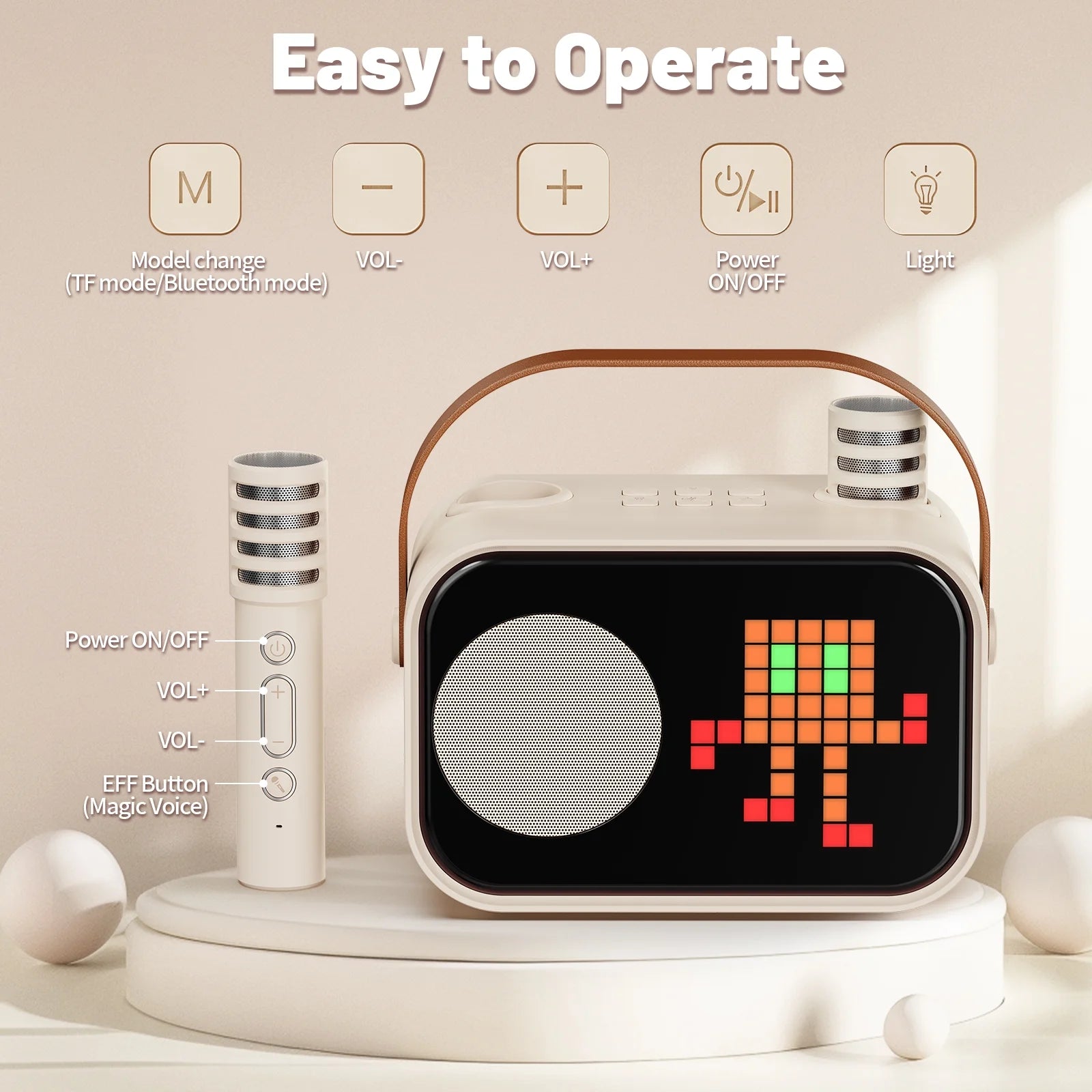 Karaoke Machine, Mini Karaoke Machine for Adult, 15 Animation Display Modes, 4 Funny Magic Voice, Beige
