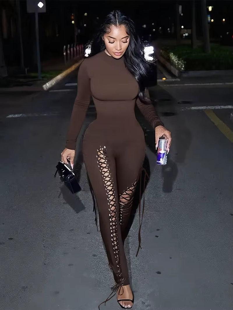 Sexy Fall Jumpsuits Women Diy Shirring O-Neck Full Sleeve Midnight Party Club Stretch Activity Fitness Slim Overalls