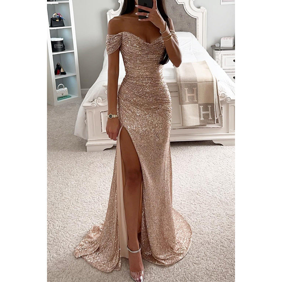 Women's Sequin Off-Shoulder Maxi Dress - Glamorous Party Gown