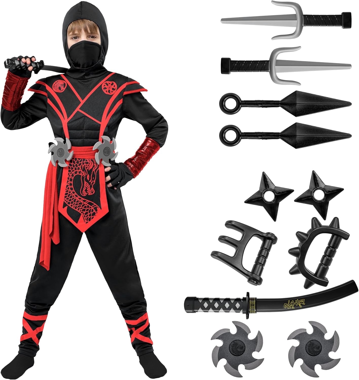 Halloween Ninja Costume Kids, Ninja Dragon Jumpsuit Set, Boys Halloween Costume for Dressup Party