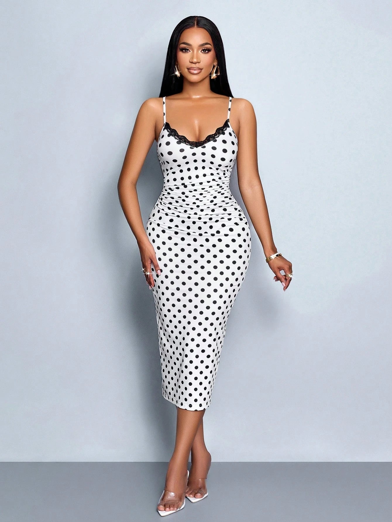 SOLERSUN Spring and Summer Elegant Commuting Retro Sexy Business Old-Money Style Casual Sleeveless V-Neck Valentine'S Day Wedding Season Party Holiday Music Festival Black Sexy Lace Suspender Waist Gathered Slimming Extreme Waist-To-Hip Ratio Short-Sleeved Hip-Covering White Polka Dot Mid-Length Dress for Women