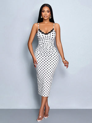 SOLERSUN Spring and Summer Elegant Commuting Retro Sexy Business Old-Money Style Casual Sleeveless V-Neck Valentine'S Day Wedding Season Party Holiday Music Festival Black Sexy Lace Suspender Waist Gathered Slimming Extreme Waist-To-Hip Ratio Short-Sleeved Hip-Covering White Polka Dot Mid-Length Dress for Women