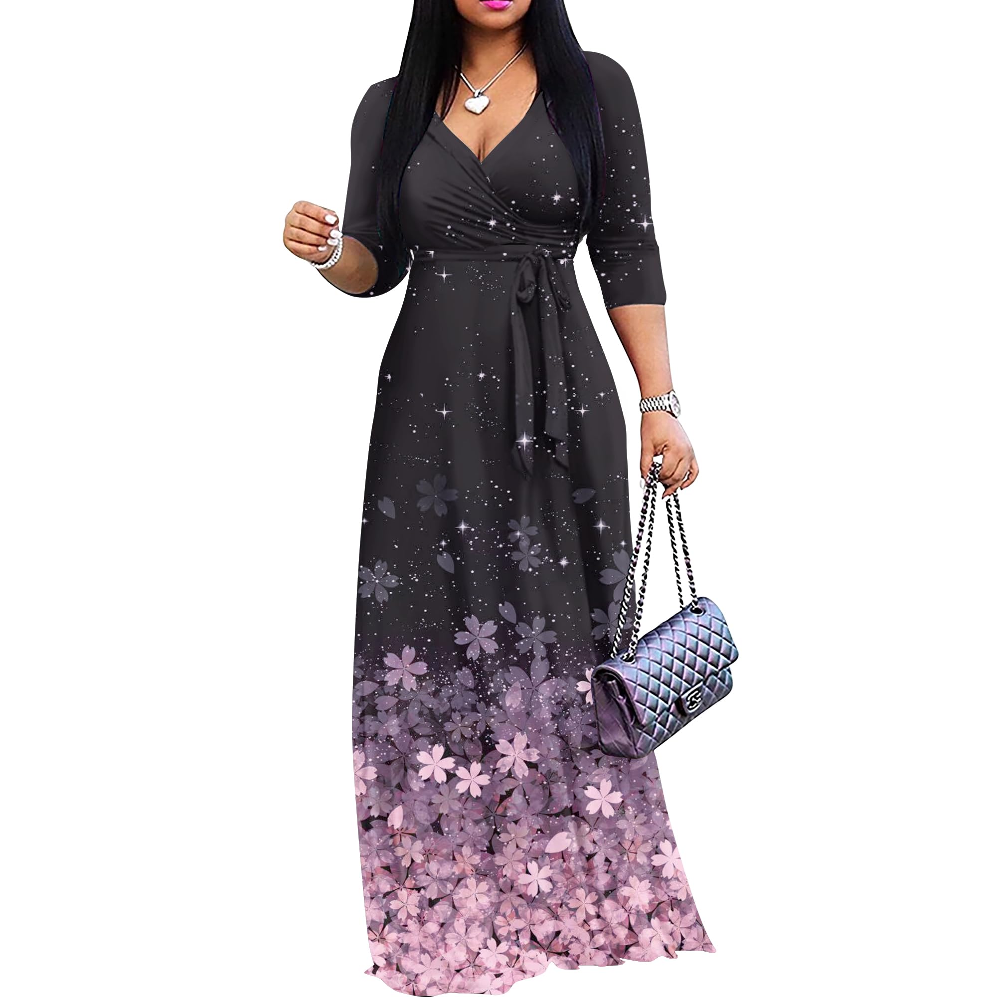FANDEE Plus Size Maxi Dress for Women – Boho Floral V-Neck 3/4 Sleeve Summer Sundress
