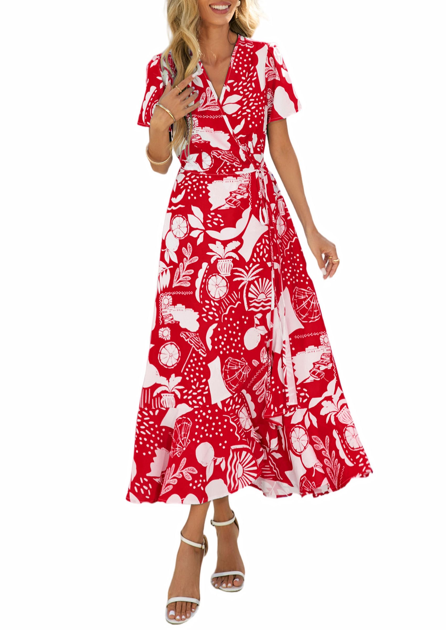 Women's Boho Floral Maxi Dress – Short Sleeve Wrap V-Neck Long Beach Dress