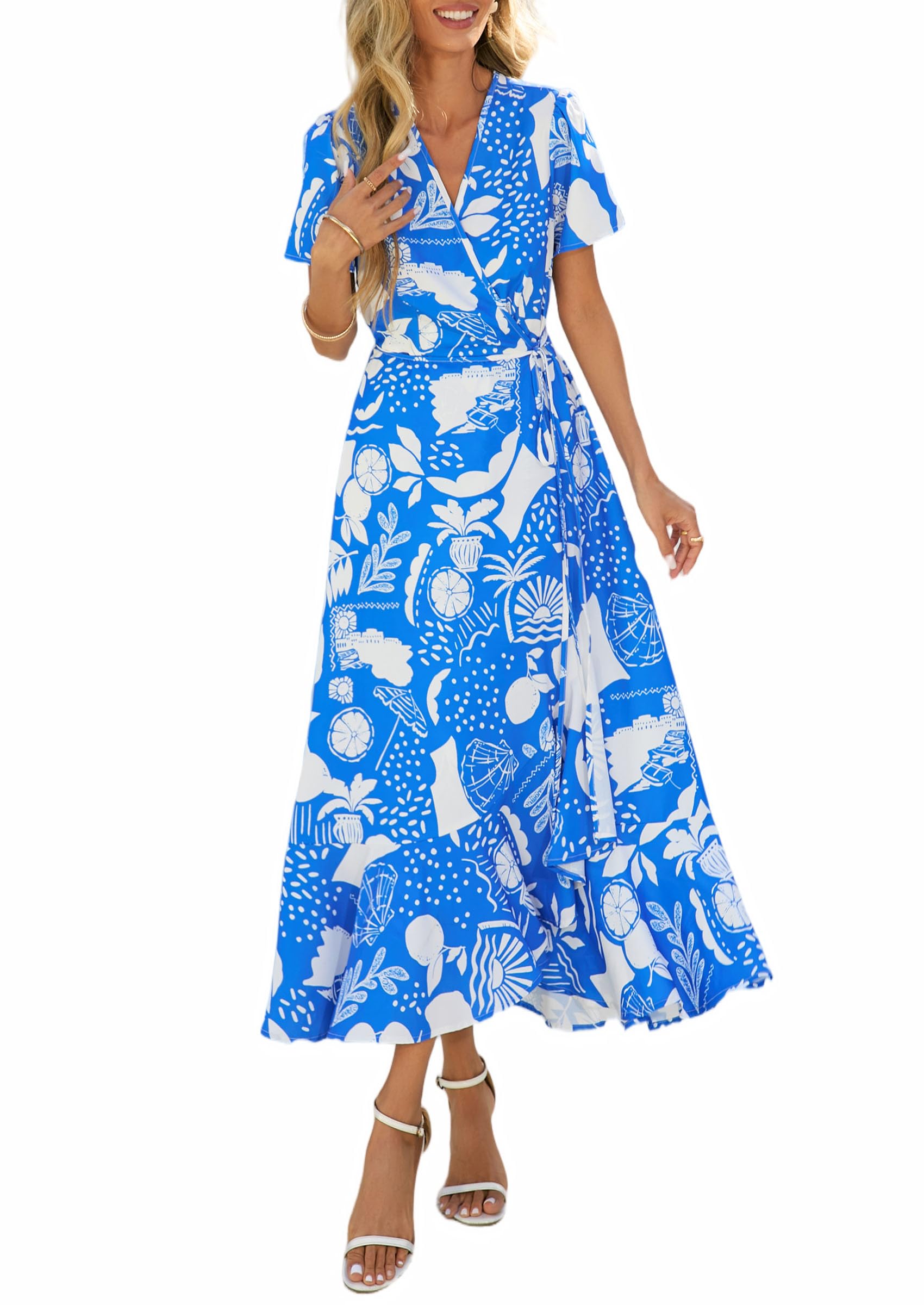 Women's Boho Floral Maxi Dress – Short Sleeve Wrap V-Neck Long Beach Dress