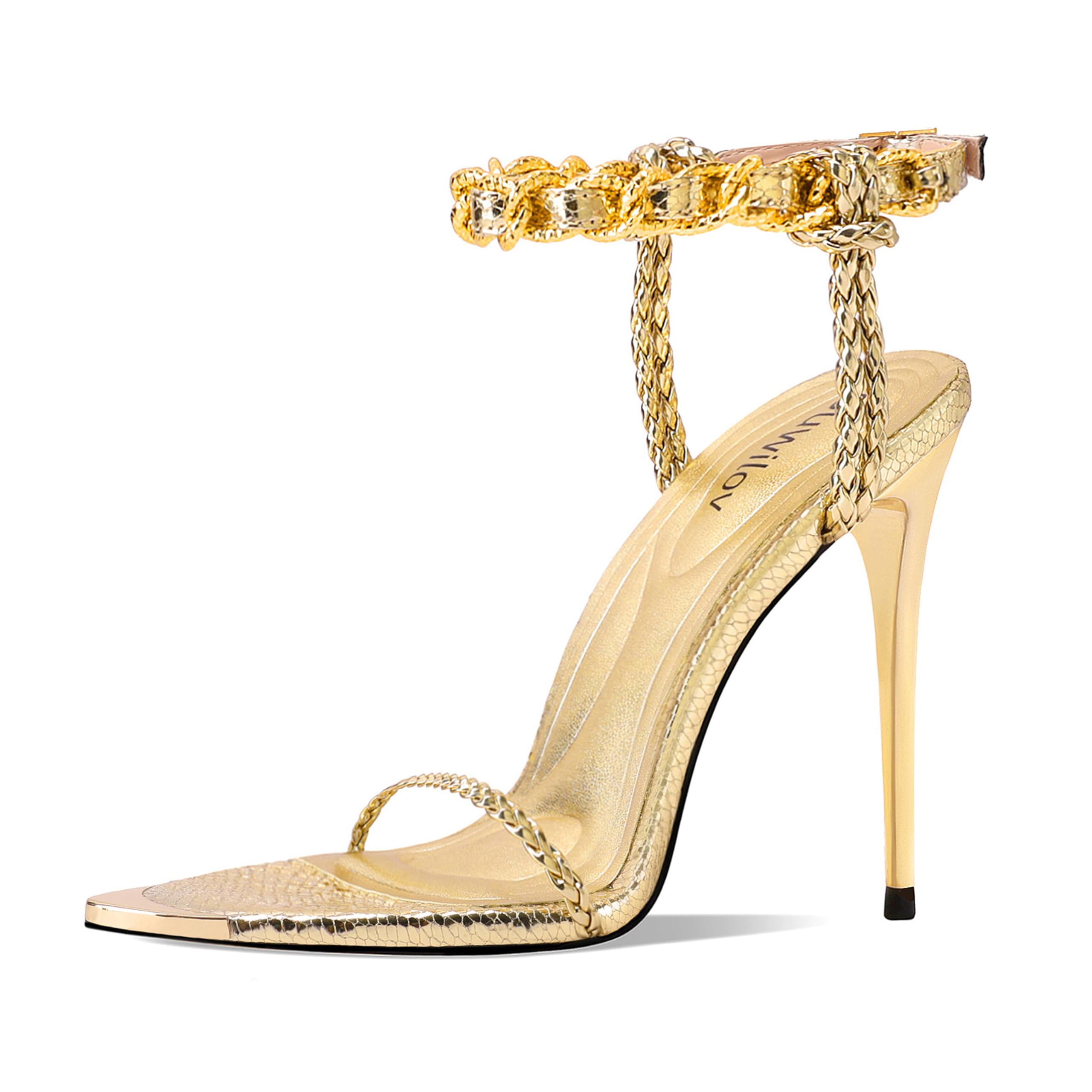 Ouwilov Women's Strappy Stiletto Heels – Metallic Ankle Strap Open Toe Sandals