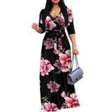 FANDEE Plus Size Maxi Dress for Women – Boho Floral V-Neck 3/4 Sleeve Summer Sundress