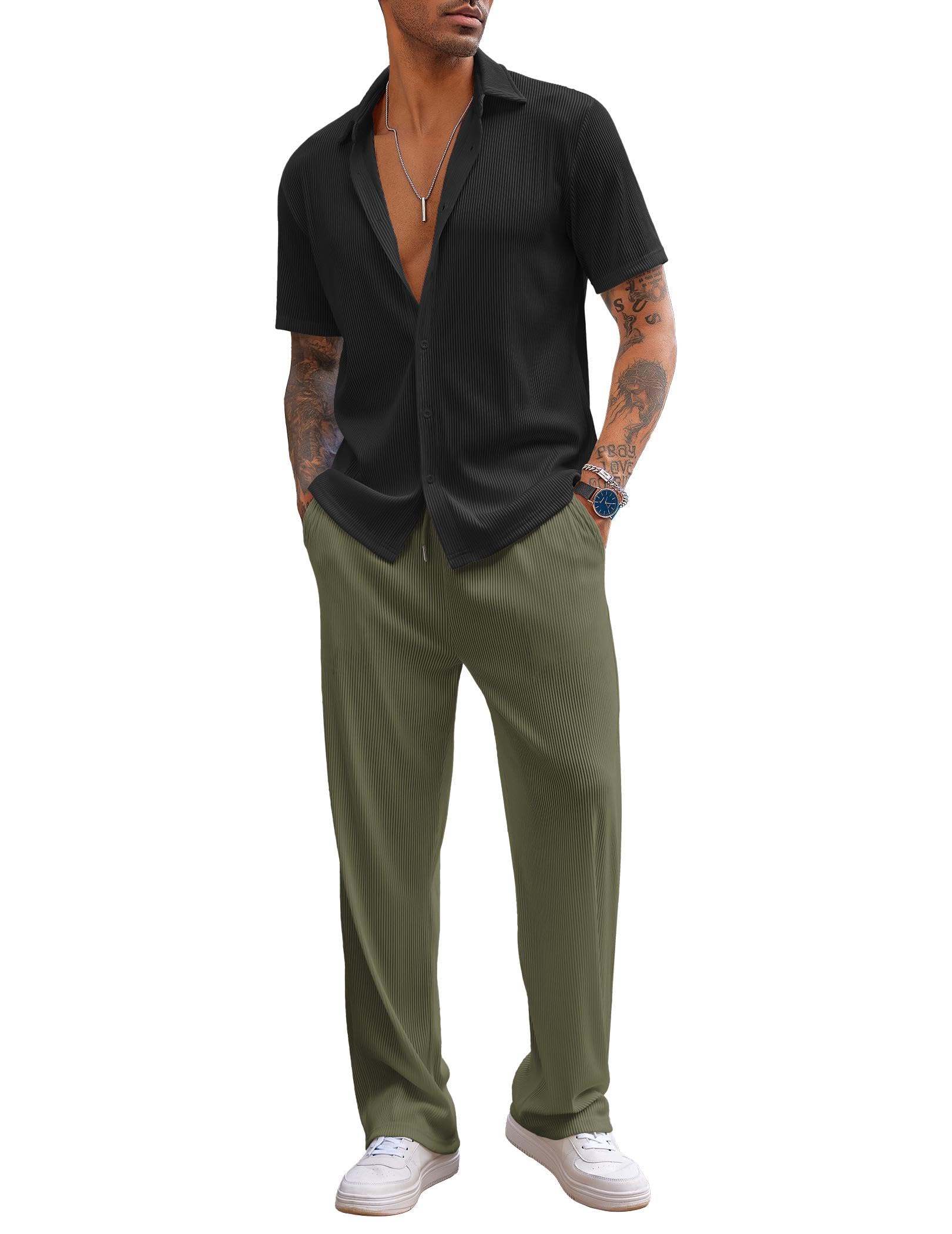 COOFANDY Men's 2 Piece Outfit Casual Short Sleeve Button Down Shirt Beach Summer Loose Pant Sets