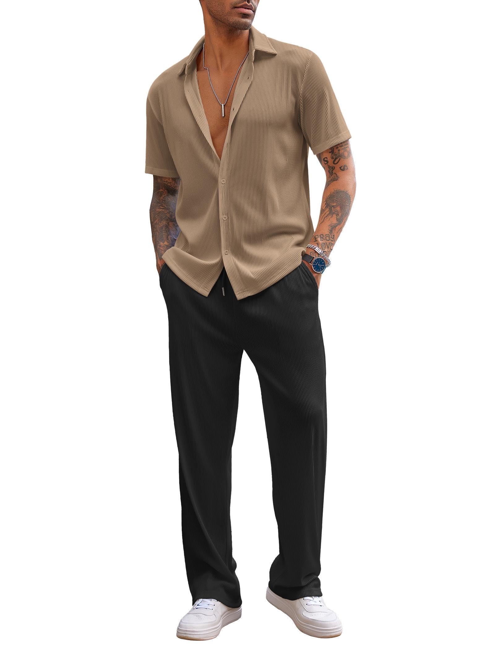 COOFANDY Men's 2 Piece Outfit Casual Short Sleeve Button Down Shirt Beach Summer Loose Pant Sets
