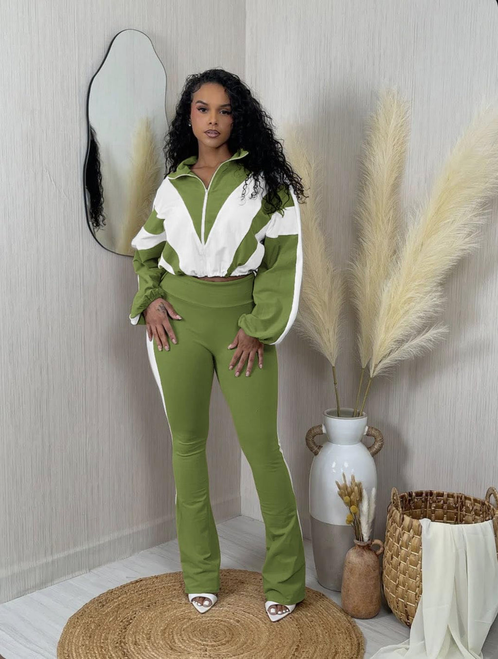 Women's 2 Piece Color Block Zip Jacket and Flare Pants Set