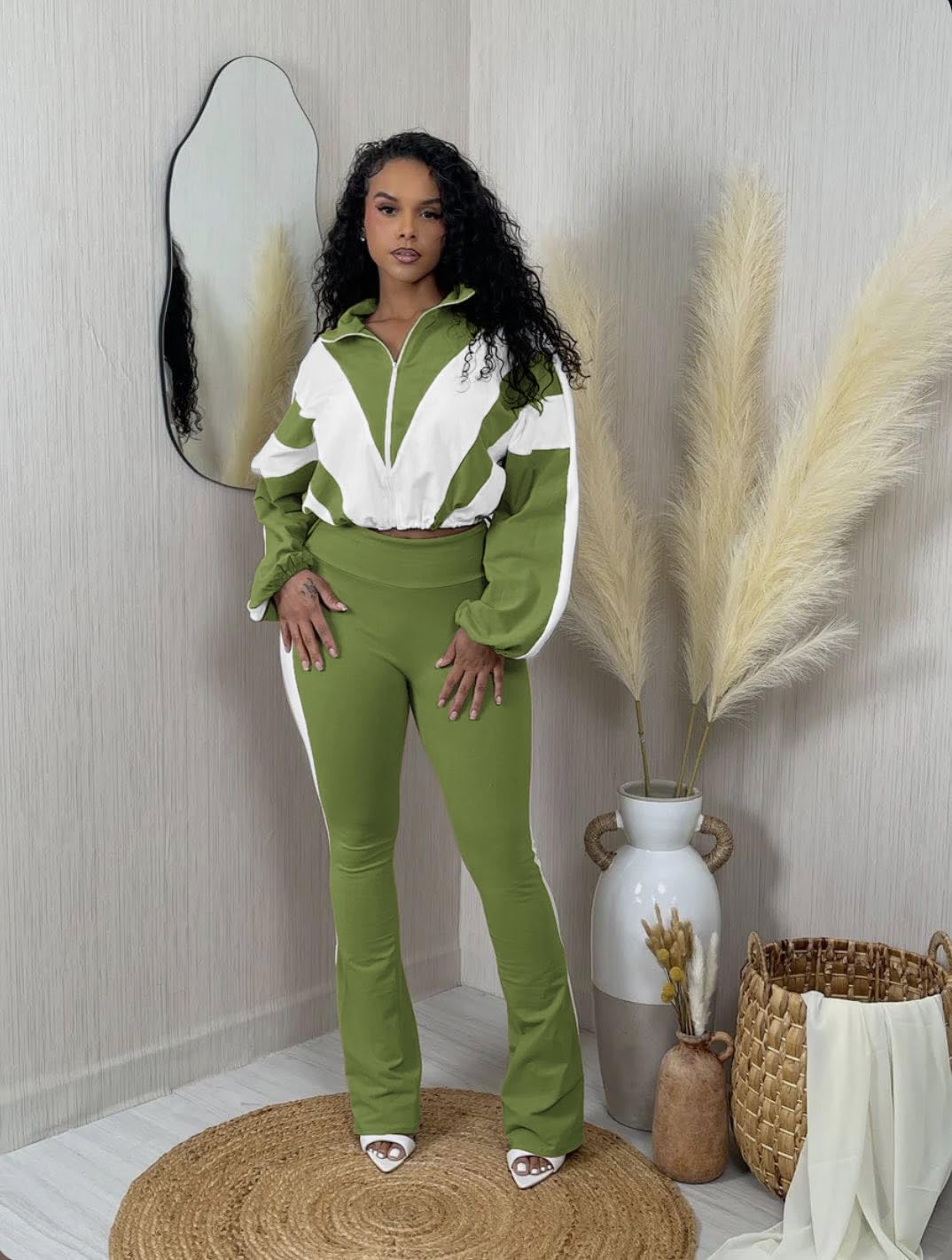 Women's 2 Piece Color Block Zip Jacket and Flare Pants Set