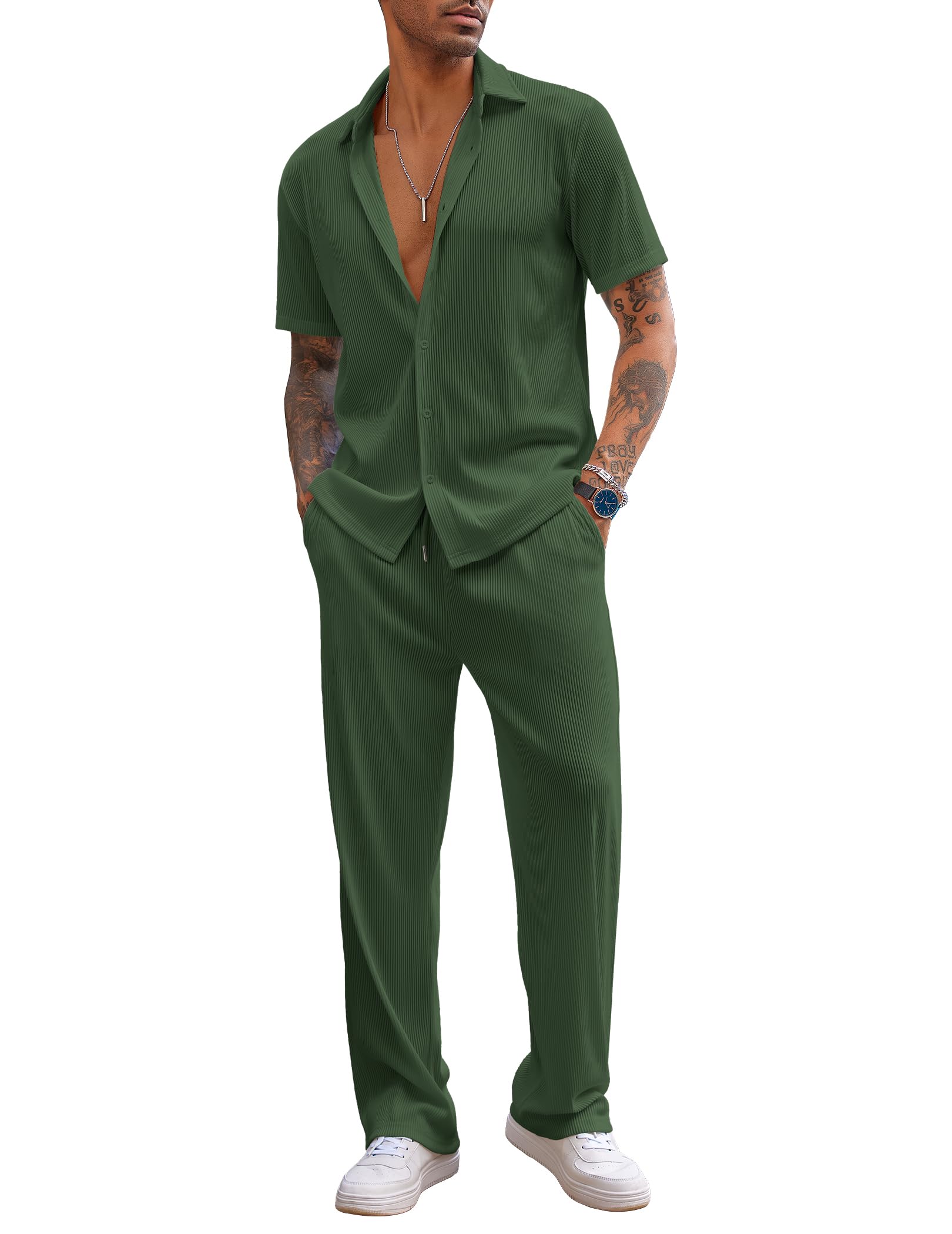 COOFANDY Men's 2 Piece Outfit Casual Short Sleeve Button Down Shirt Beach Summer Loose Pant Sets