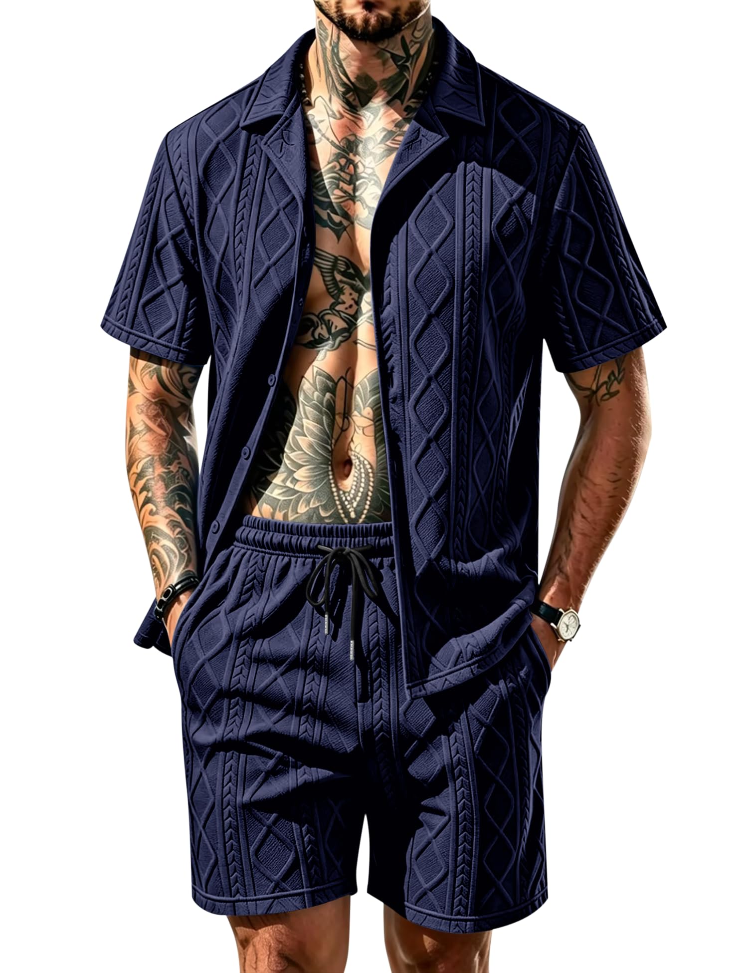 Men's Diamond Knit 2-Piece Button Down Shirt & Shorts Set – Casual Tracksuit